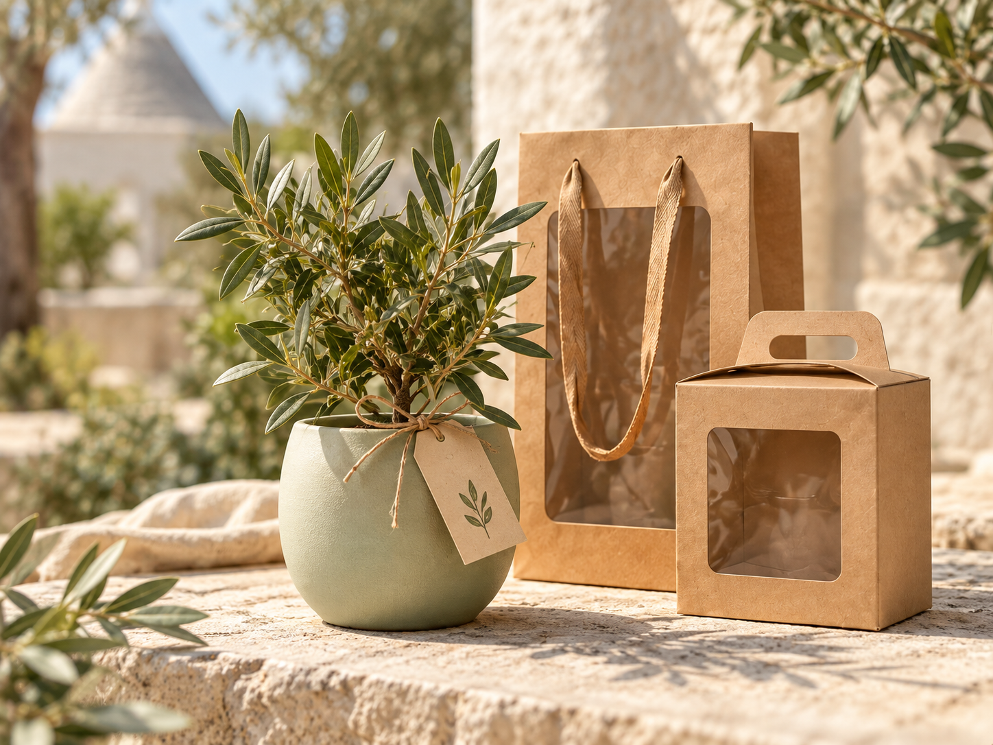 Ulivo in ceramica con busta e scatola Greenery Lab al sole